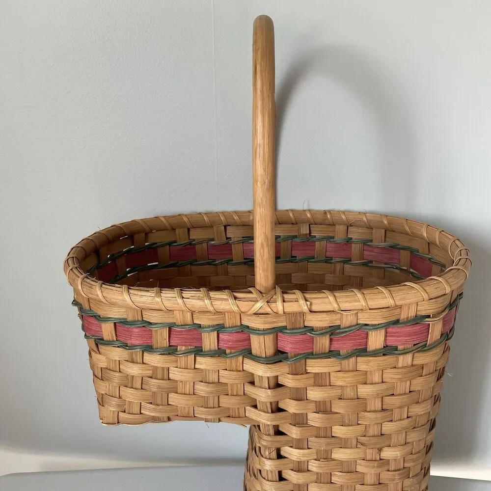 Vintage Rustic Country Woven Stair Basket Cottagecore Tan Red Green 13' x 14'
